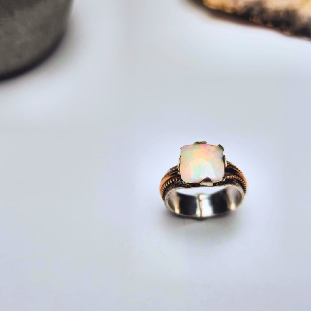 Square Opal Ring, Silver and Rose Gold